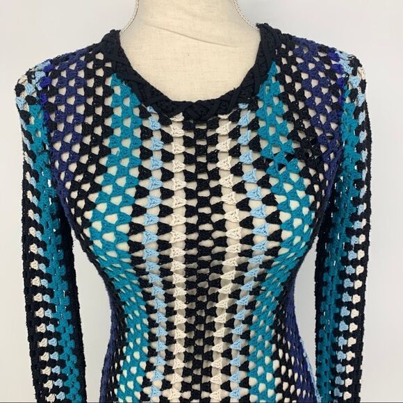 NBD X Revolve Weylyn Striped Open Crochet Knit Baja Bodycon Long Sleeve Dress - Picture 3 of 11